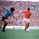 Football. 1974 World Cup Finals. Hannover, Germany.15th June 1974. Holland 2 v Uruguay 0. Holland's Johan Cruyff on the attack.