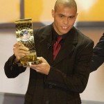 Ronaldo of Brazil with the 2002 FIFA World Player trophy