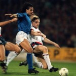 BT Sport, Football, pic: 14th October 1989, Friendly International,Wembley, England,0, v Italy,0, Italy's Andrea Carnevale takes on England defenders Terry Butcher and Gary Stevens, right