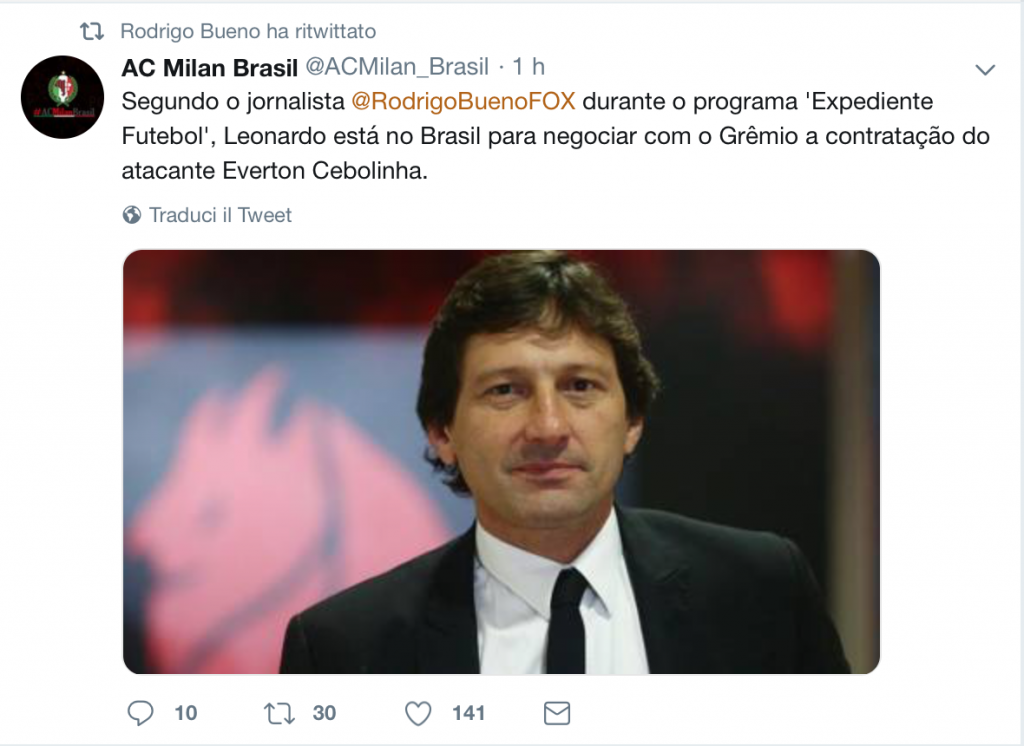 Rodrigo Bueno ha ritwittato il post di AC Milan Brasil in cui vengono riportate le sue parole rilasciate a 'Expediente Futebol'