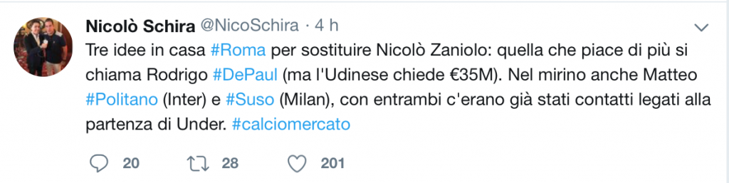 Calciomercato Roma, il tweet di Nicolò Schira - AS Roma
