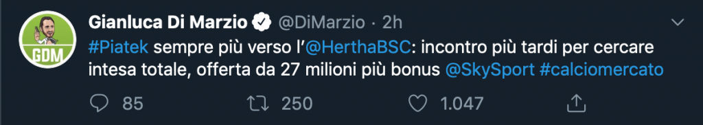 Calciomercato Milan, il tweet di Gianluca Di Marzio su Piatek
