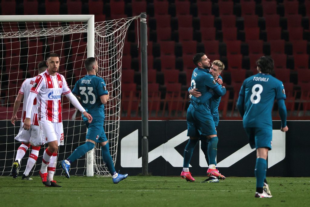 L'esultanza dei calciatori del Milan dopo il goal alla Stella Rossa