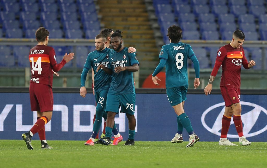 Kessie, Rebic e Tonali esultano dopo il goal dell'ivoriano contro la Roma