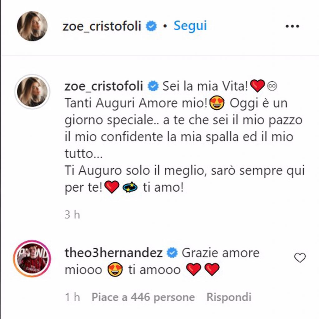 Theo Hernandez ringrazia la sua Zoe per gli auguri